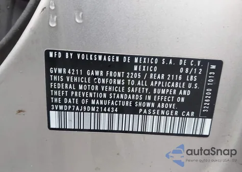 2013 Volkswagen Jetta 2.5L Se z USA, uszkodzony, nr VIN 3VWDP7AJ9DM214434